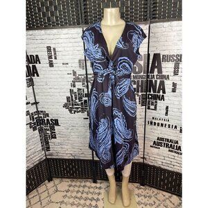 Sweet 10 Brown-Blue Print V-Neck Twisted Waist Cap Sleeve Below Knee Dress